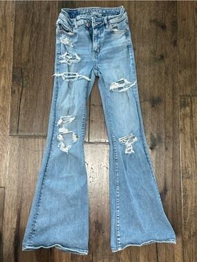American Eagle Light Blue Distressed Denim Flare Jeans